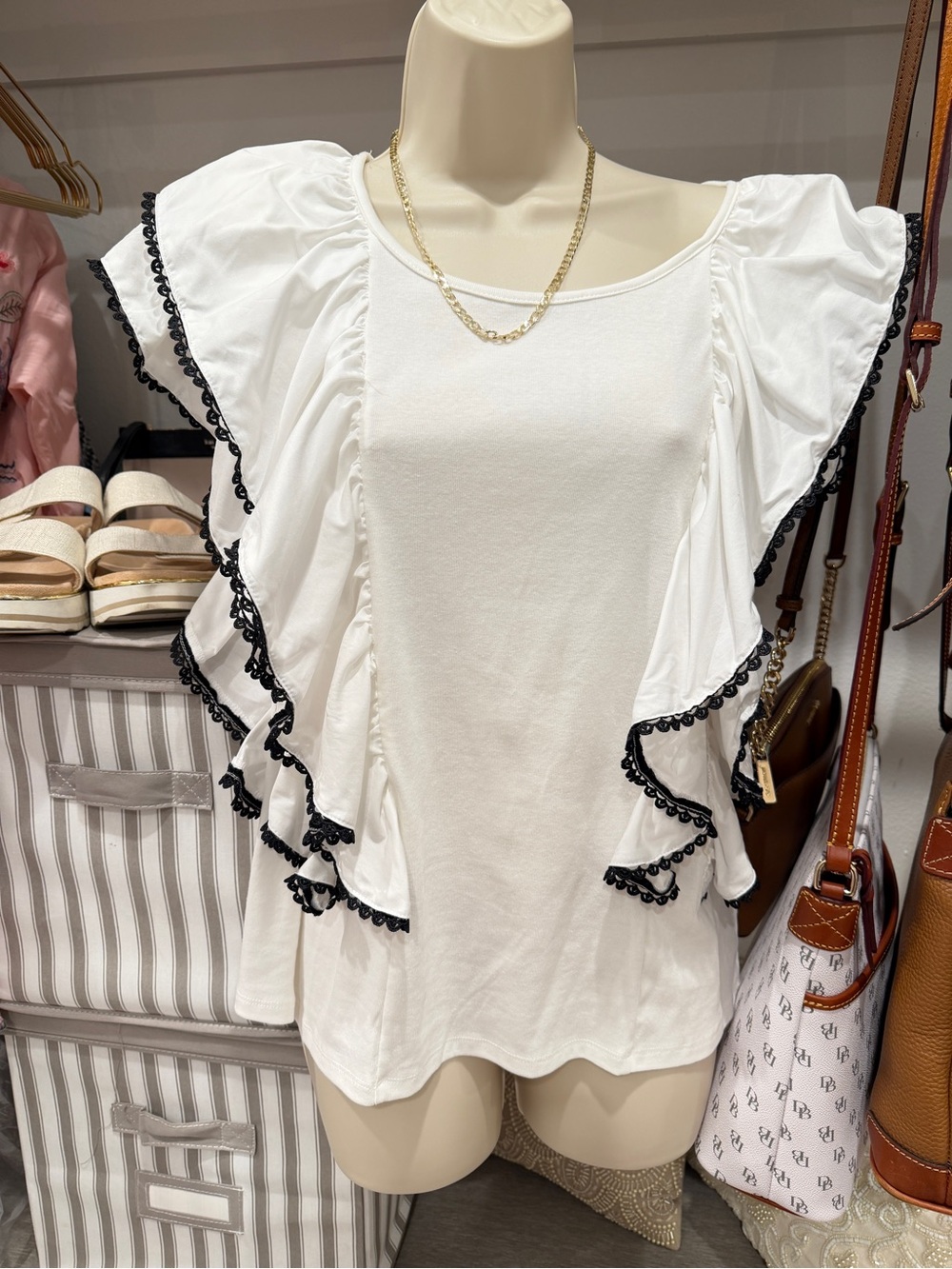 Women’s White Ruffle Sleeve Blouse with Black Trim